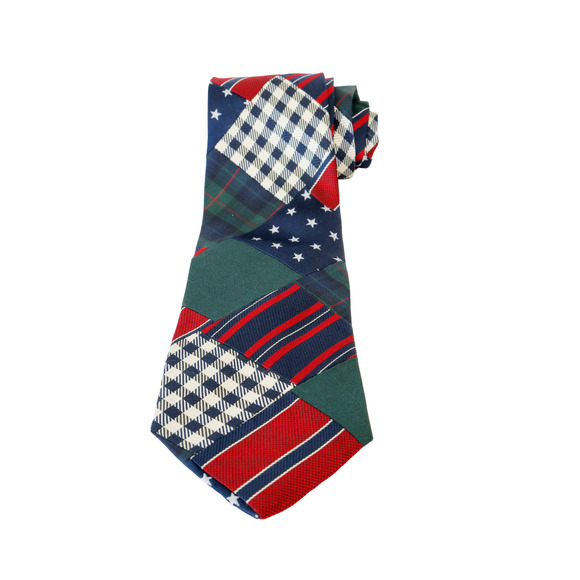 VTG 90s Tommy Hilfiger Patchwork Silk Tie Preppy Corporate Americana Plaid Star - Picture 1 of 16